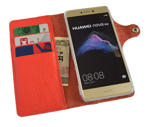 手帳型 スマホケース 本革 レザー オレンジ