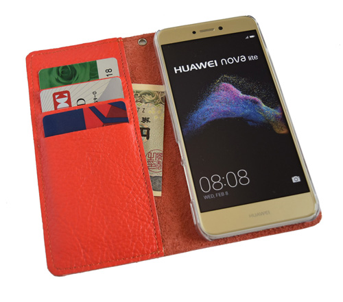 手帳型 スマホケース 本革 レザー オレンジ