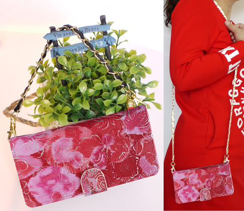 手帳型 スマホケース 花柄 ピンク 本革 チェーン付き