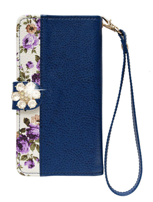 左利き用 手帳型 スマホケース デコ 花 ブラック レッド ピンク ブラウン ホワイト