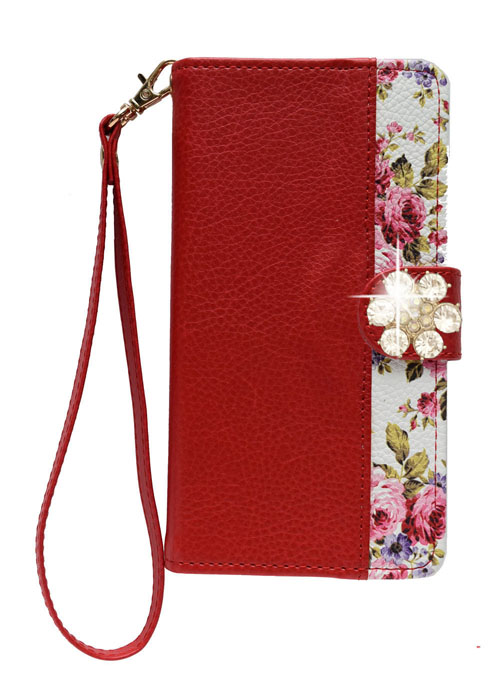 手帳型 スマホケース デコ 花 ブラック レッド ピンク ブラウン ホワイト