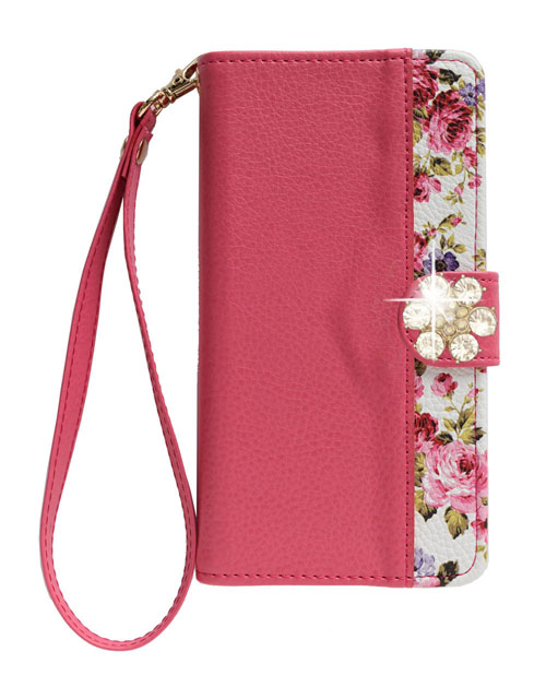 手帳型 スマホケース デコ 花 ブラック レッド ピンク ブラウン ホワイト