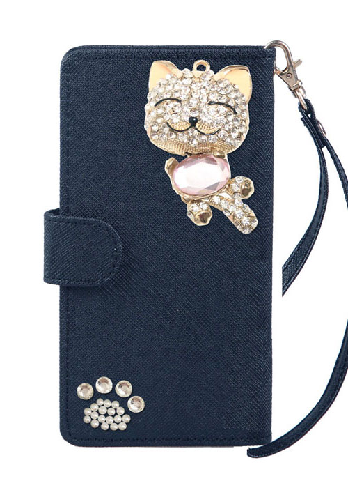 左利き用 手帳型 スマホケース デコ きらきら 猫 チャーム 可愛い スマイル