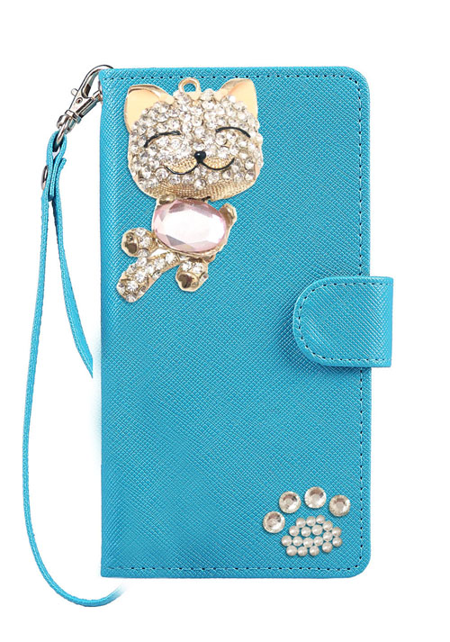 手帳型 スマホケース デコ きらきら 猫 チャーム 可愛い スマイル