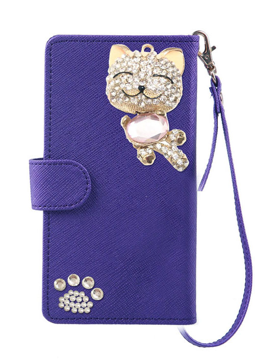 左利き用 手帳型 スマホケース デコ きらきら 猫 チャーム 可愛い スマイル