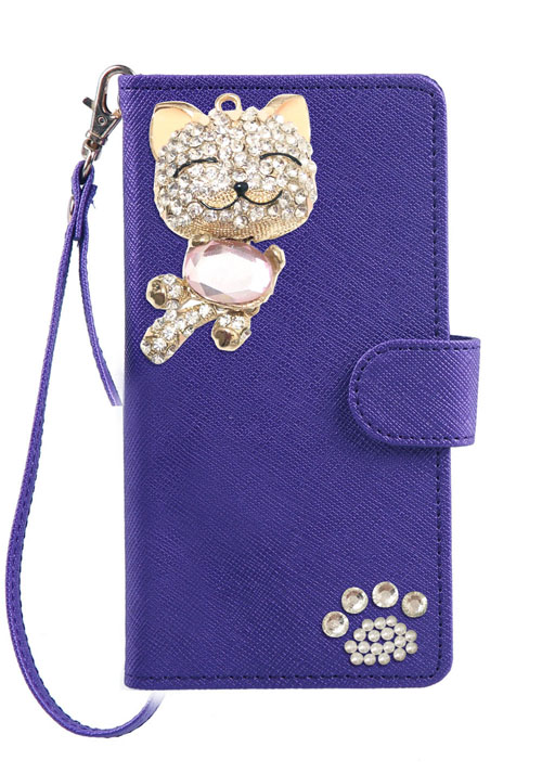 手帳型 スマホケース デコ きらきら 猫 チャーム 可愛い スマイル