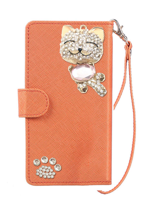 左利き用 手帳型 スマホケース デコ きらきら 猫 チャーム 可愛い スマイル