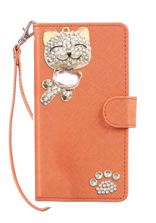 手帳型 スマホケース デコ きらきら 猫 チャーム 可愛い スマイル