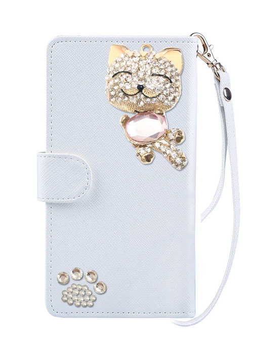 左利き用 手帳型 スマホケース デコ きらきら 猫 チャーム 可愛い スマイル