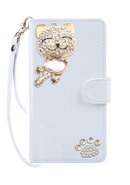 手帳型 スマホケース デコ きらきら 猫 チャーム 可愛い スマイル