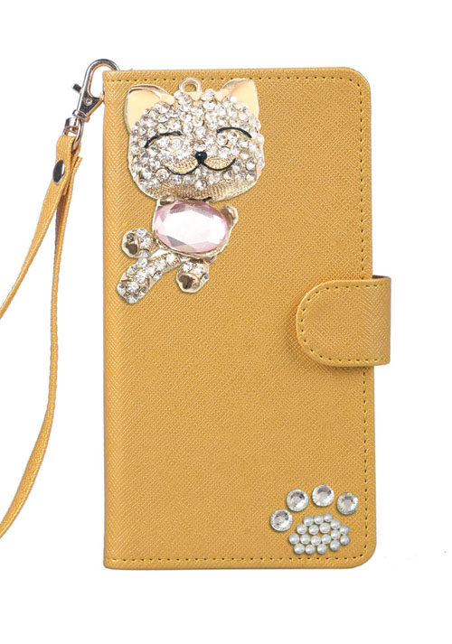 手帳型 スマホケース デコ きらきら 猫 チャーム 可愛い スマイル