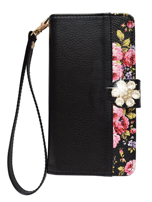 手帳型 スマホケース デコ 花 ブラック レッド ピンク ブラウン ホワイト