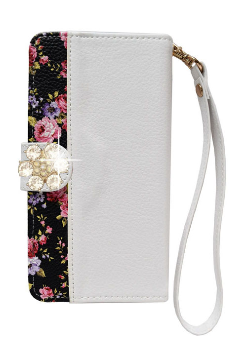 左利き用 手帳型 スマホケース デコ 花 ブラック レッド ピンク ブラウン ホワイト